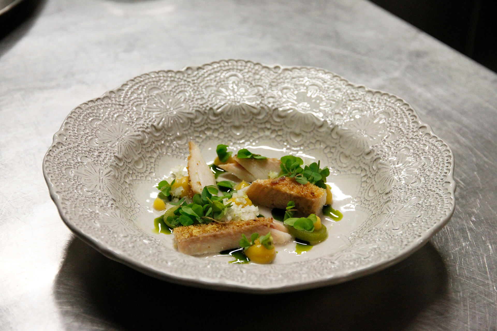 Trout in a panure of panettone powder - Lorenzo Cogo - Insolito Panettone