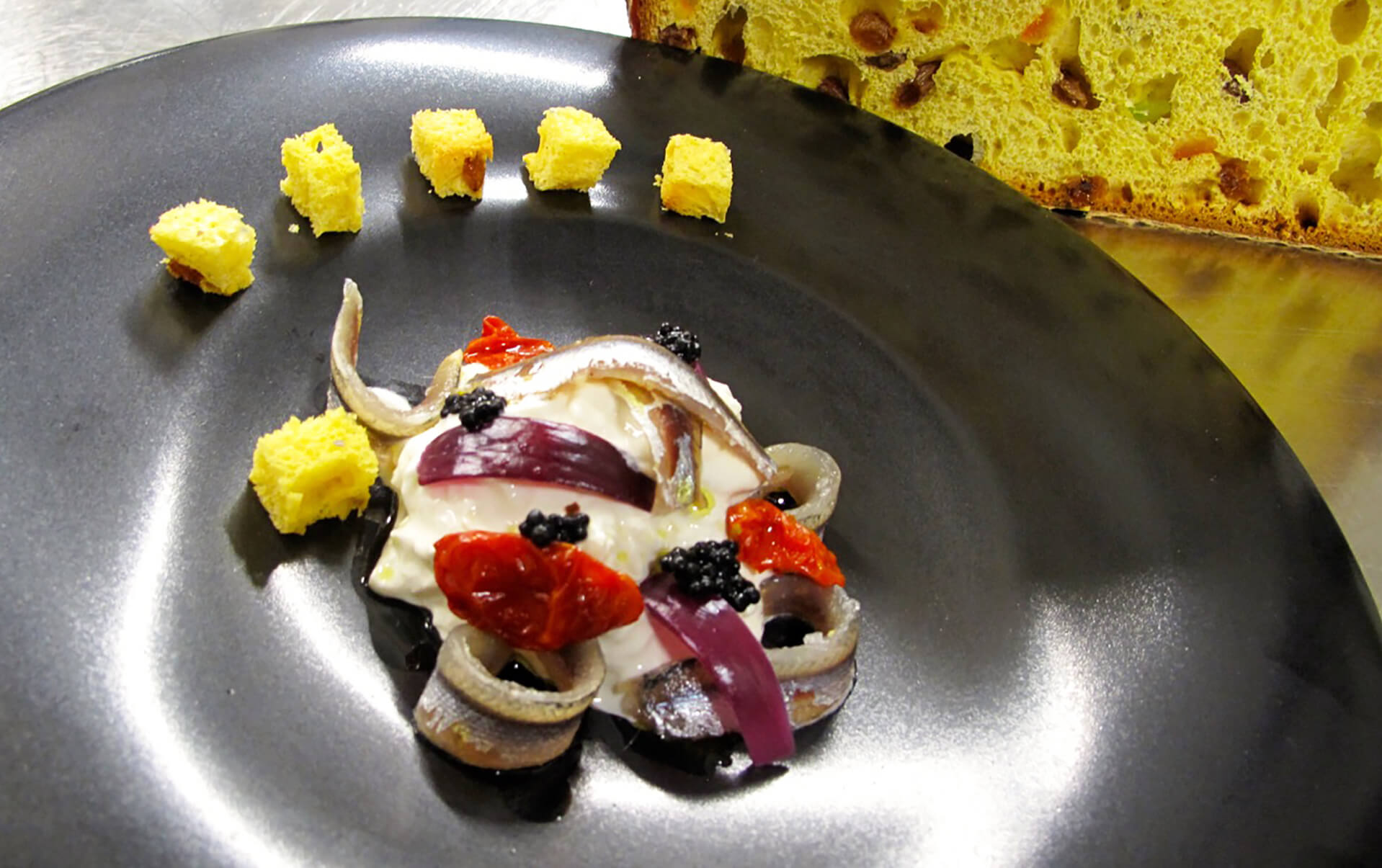 Burrata with anchovies, herring caviar and Loison Panettone - Alberto Basso - Insolito Panettone